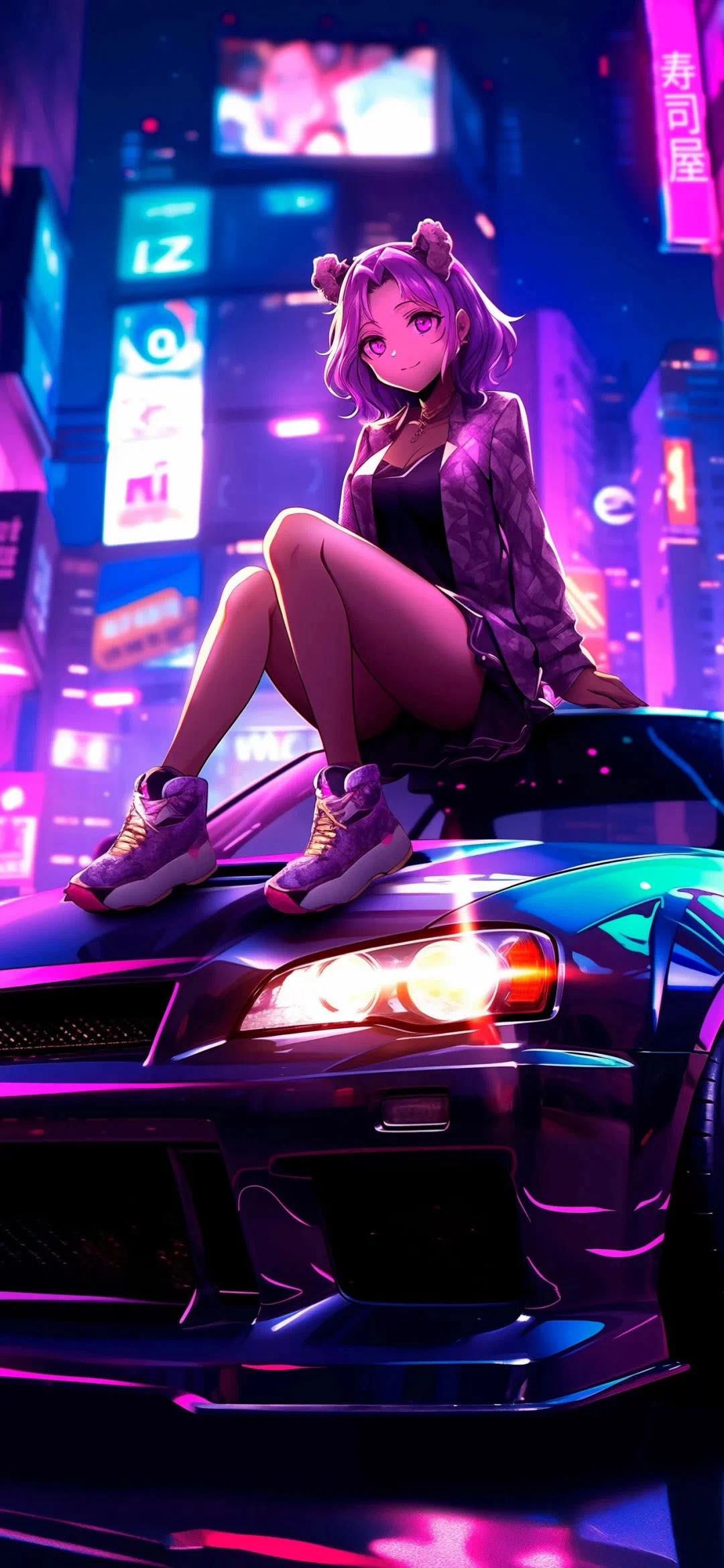 动漫街景女生坐车顶手机壁纸