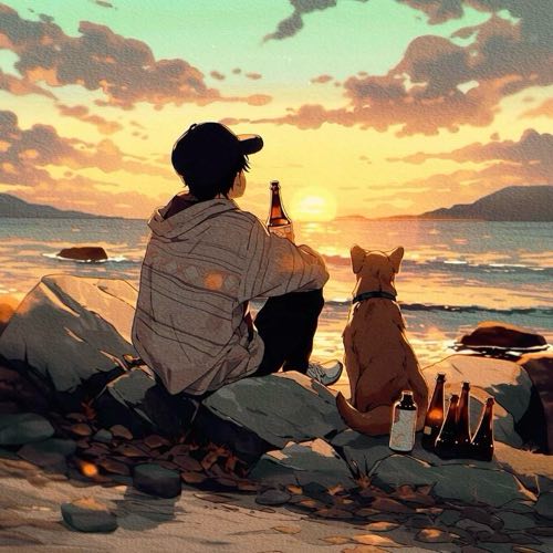 夕阳一人一狗和子啤酒动漫男生头像