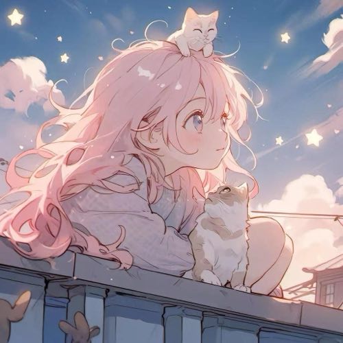 粉色天空思考动漫女生头像
